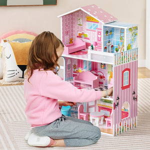 Kids Wooden Dollhouse Playset with 5 Simulated Rooms and 10 Pieces of Furniture-Pink view 2