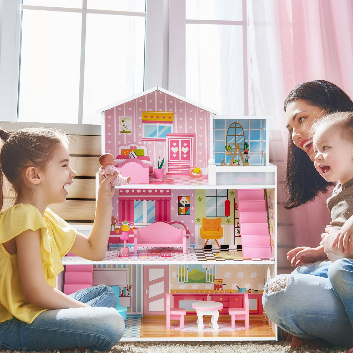 Kids Wooden Dollhouse Playset with 5 Simulated Rooms and 10 Pieces of Furniture-Pink view 3