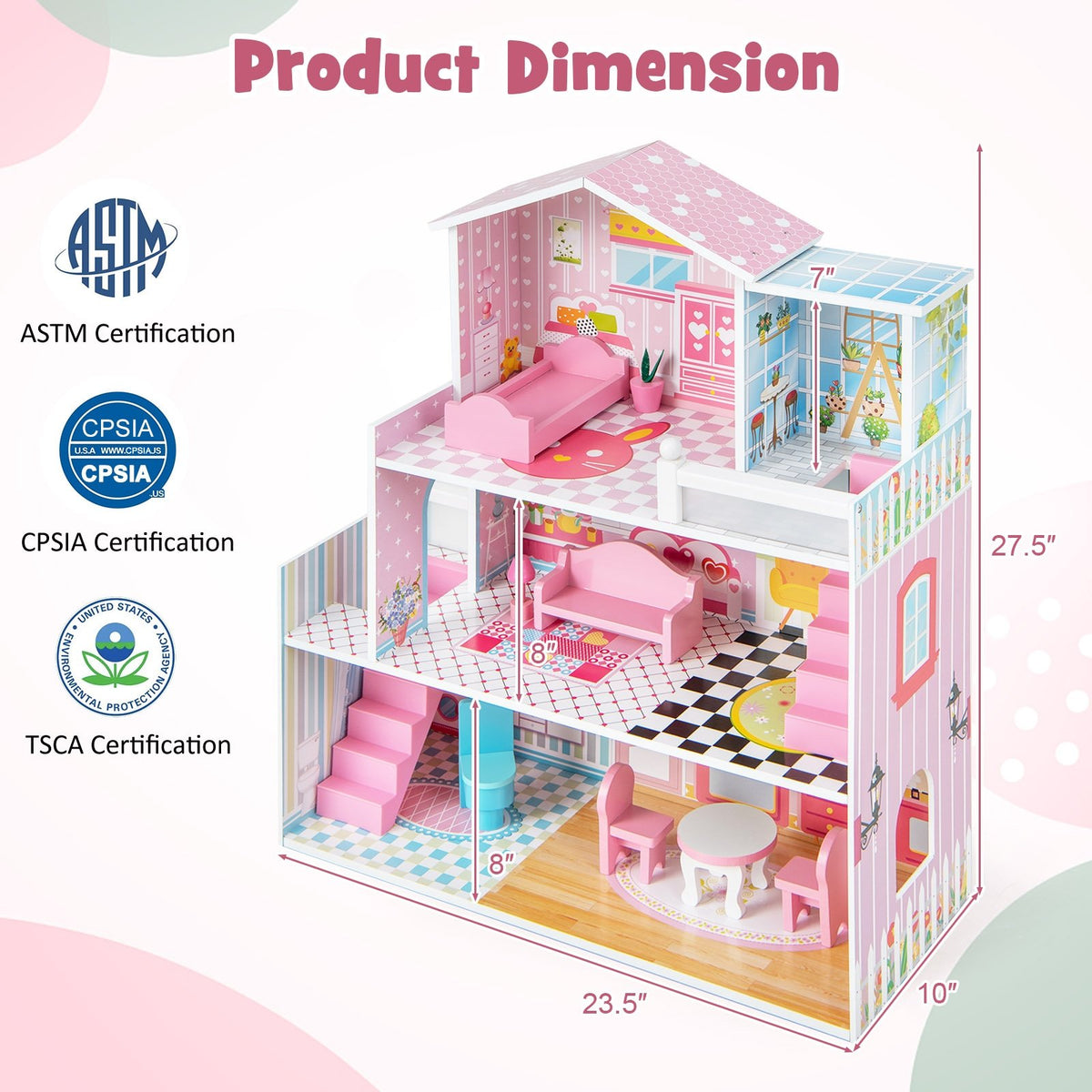 Kids Wooden Dollhouse Playset with 5 Simulated Rooms and 10 Pieces of Furniture-Pink view 5