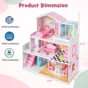 Kids Wooden Dollhouse Playset with 5 Simulated Rooms and 10 Pieces of Furniture-Pink view 5