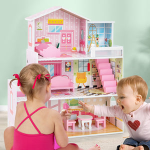 Kids Wooden Dollhouse Playset with 5 Simulated Rooms and 10 Pieces of Furniture-Pink view 6