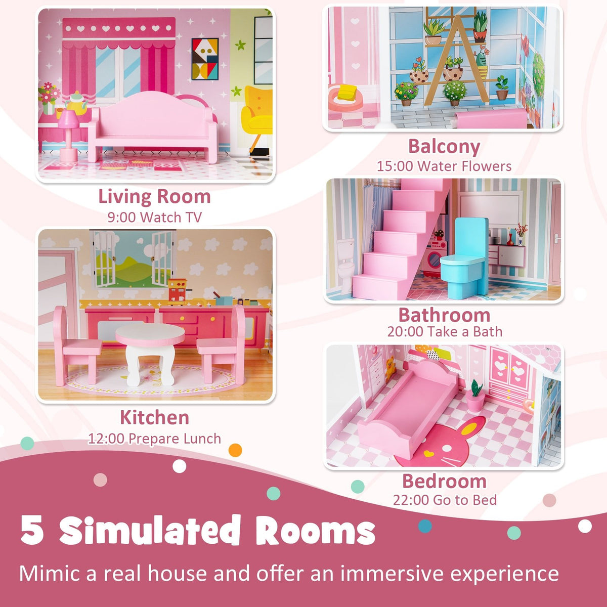 Kids Wooden Dollhouse Playset with 5 Simulated Rooms and 10 Pieces of Furniture-Pink view 7