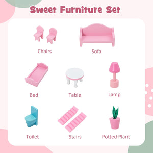 Kids Wooden Dollhouse Playset with 5 Simulated Rooms and 10 Pieces of Furniture-Pink view 8