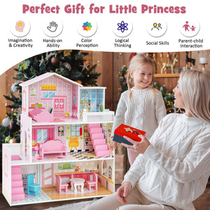 Kids Wooden Dollhouse Playset with 5 Simulated Rooms and 10 Pieces of Furniture-Pink view 9