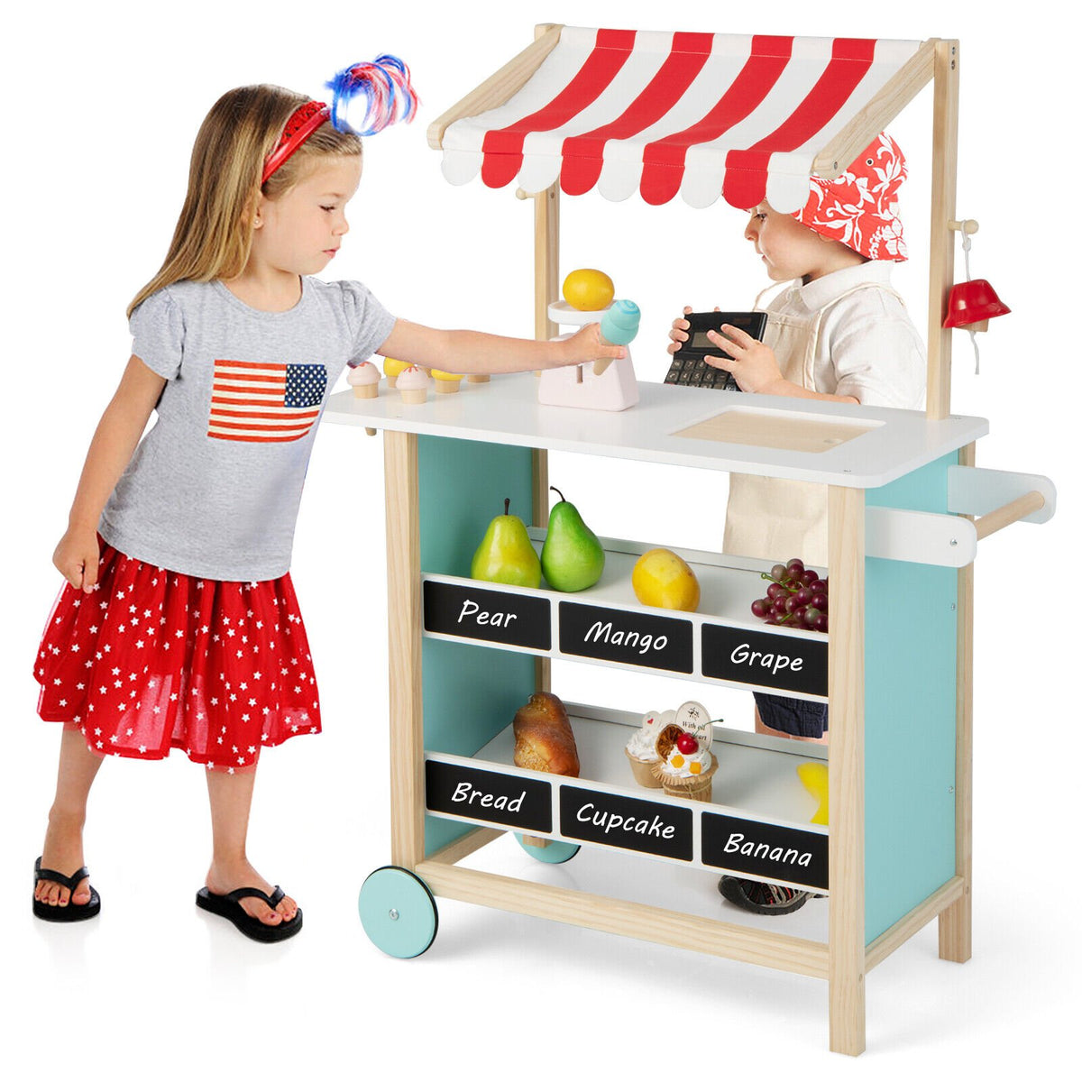 Kids Wooden Ice Cream Cart with Chalkboard and Storage view 6
