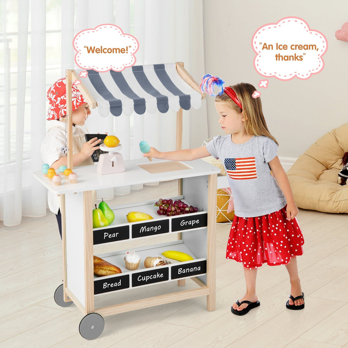 Kids Wooden Ice Cream Cart with Chalkboard and Storage for over 3 Years Old-White view 3