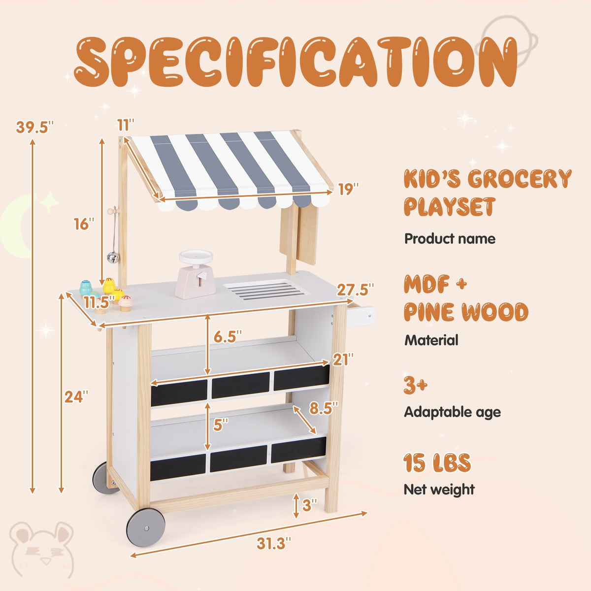 Kids Wooden Ice Cream Cart with Chalkboard and Storage for over 3 Years Old-White view 5