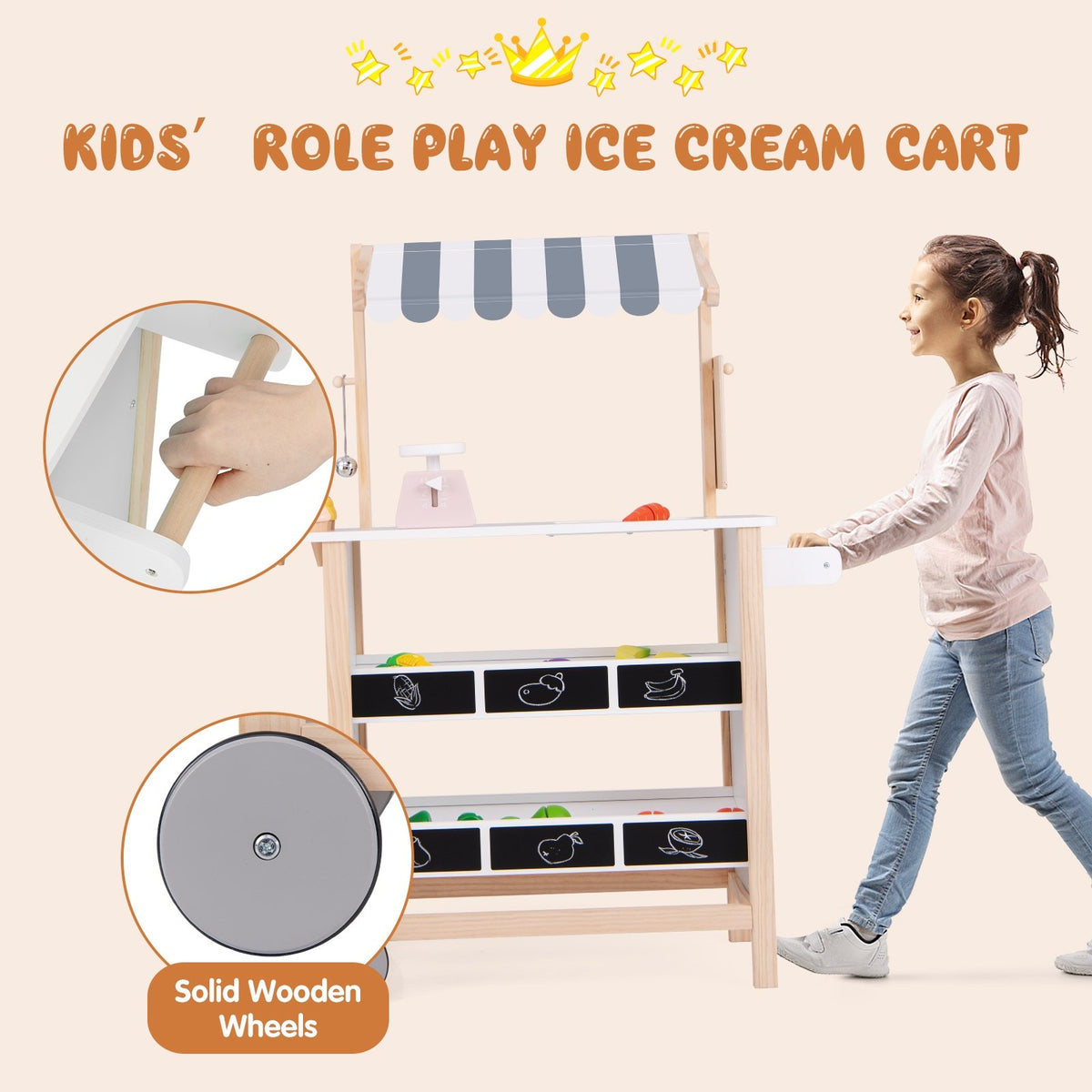 Kids Wooden Ice Cream Cart with Chalkboard and Storage for over 3 Years Old-White view 9