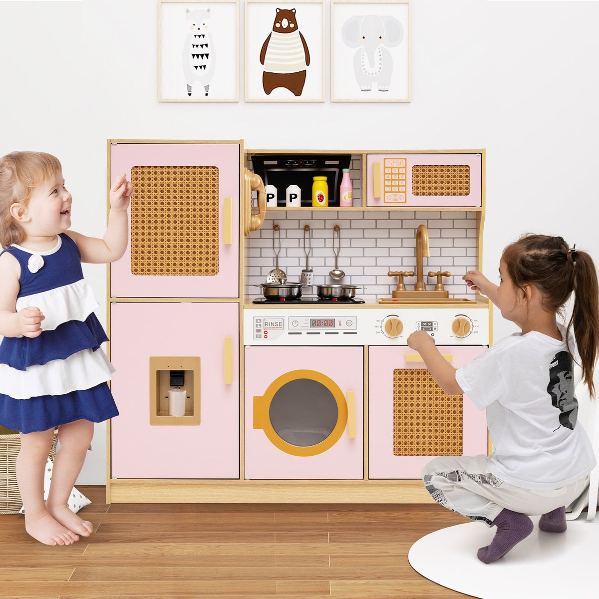 Kids Wooden Kitchen Playset with Realistic Lights and Sounds-Pink view 3