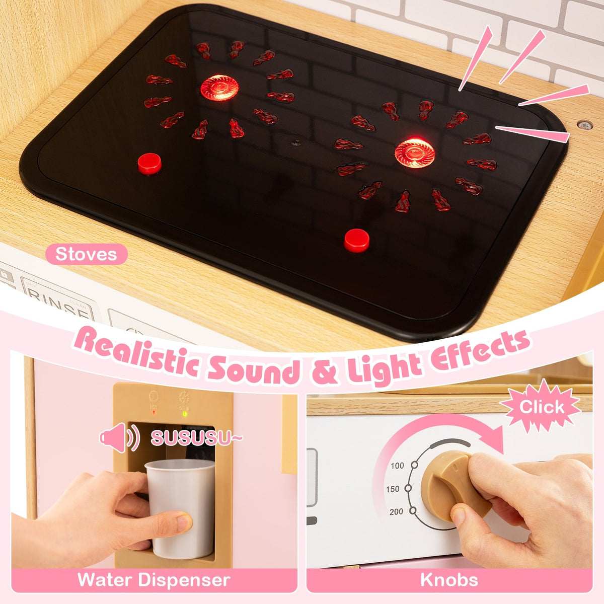 Kids Wooden Kitchen Playset with Realistic Lights and Sounds-Pink view 6