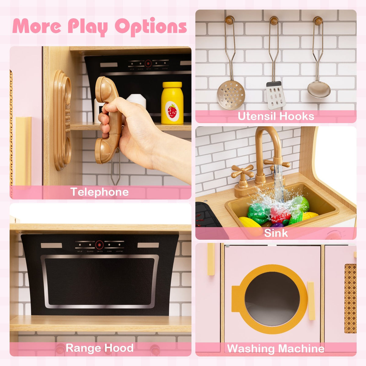 Kids Wooden Kitchen Playset with Realistic Lights and Sounds-Pink view 8