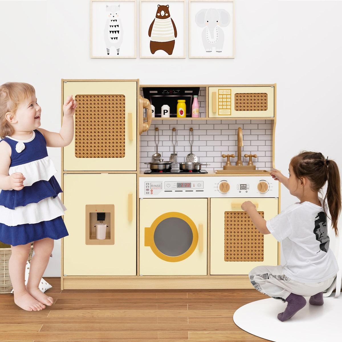 Kids Wooden Kitchen Playset with Realistic Lights and Sounds-Yellow view 3