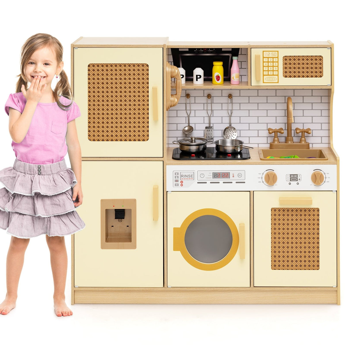 Kids Wooden Kitchen Playset with Realistic Lights and Sounds-Yellow view 4