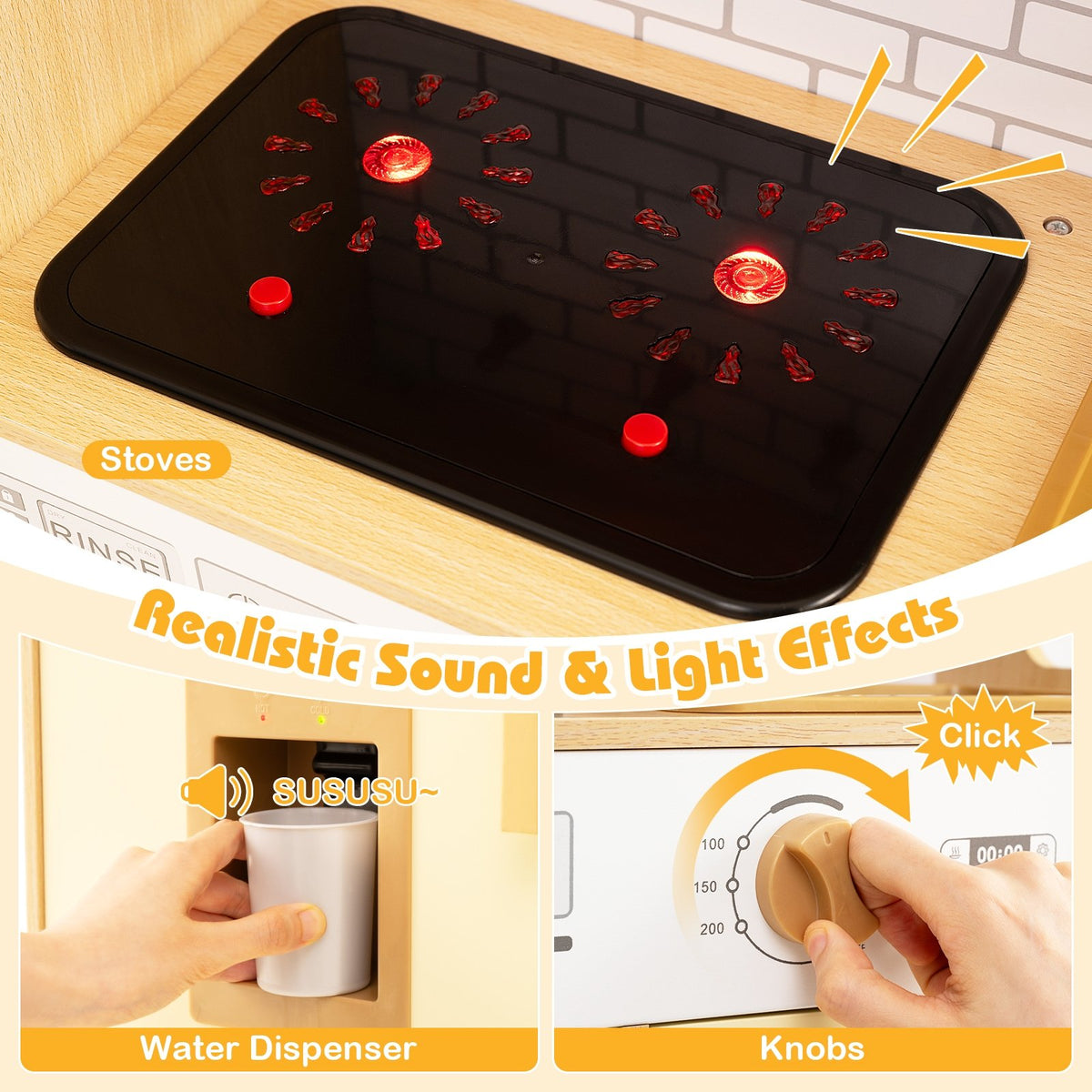 Kids Wooden Kitchen Playset with Realistic Lights and Sounds-Yellow view 6