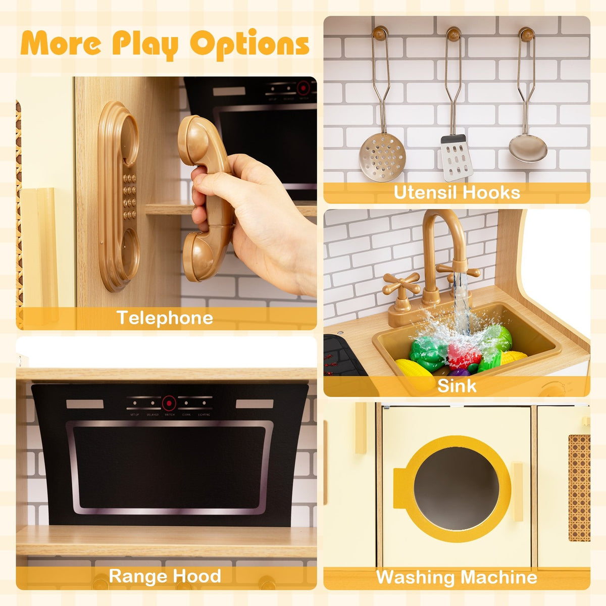 Kids Wooden Kitchen Playset with Realistic Lights and Sounds-Yellow view 8