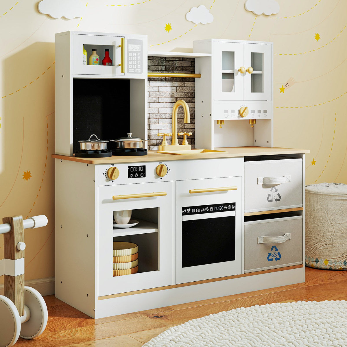 Kids Wooden Kitchen Playset with Stoves Sound Light for 3+ Years Old-White view 2