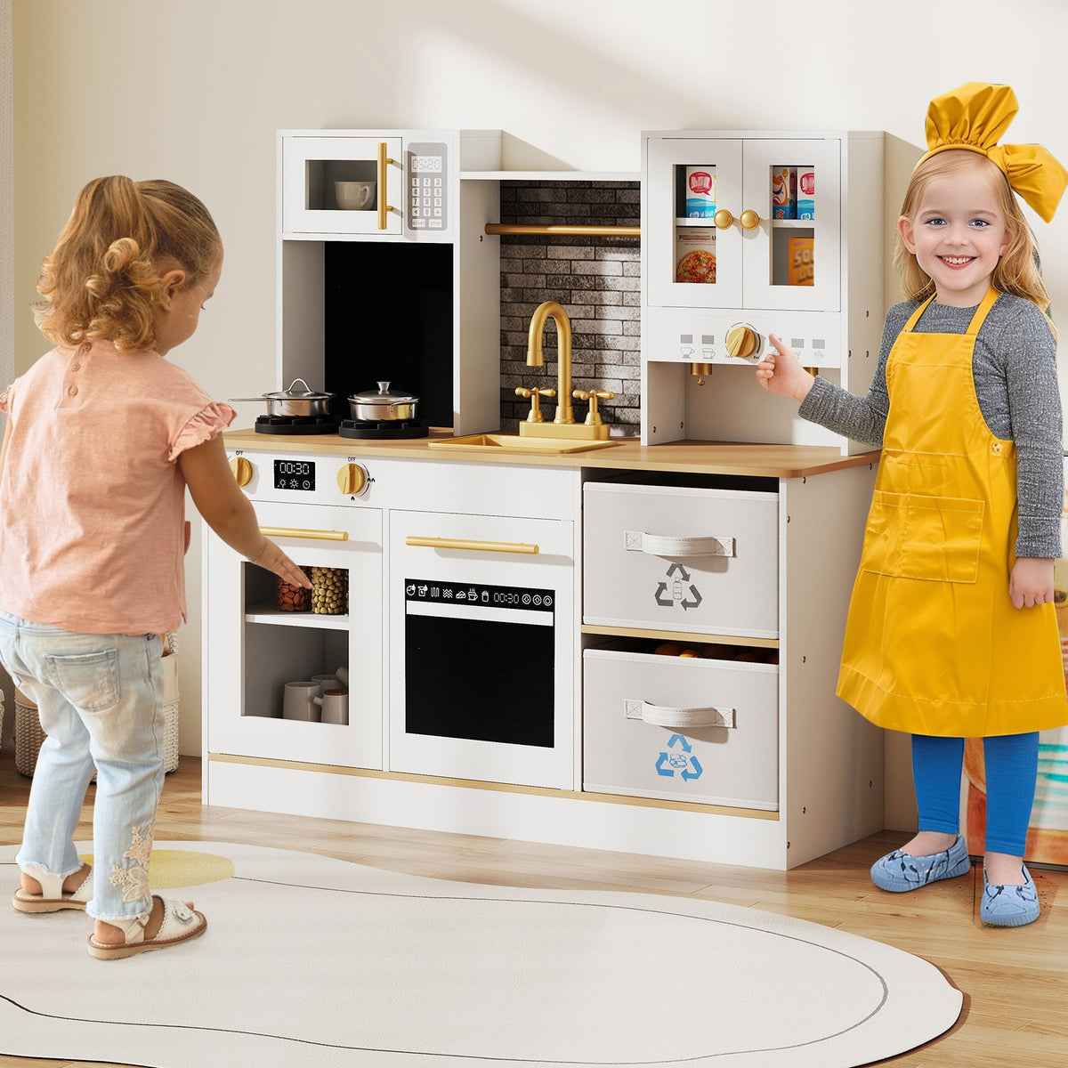 Kids Wooden Kitchen Playset with Stoves Sound Light for 3+ Years Old-White view 3