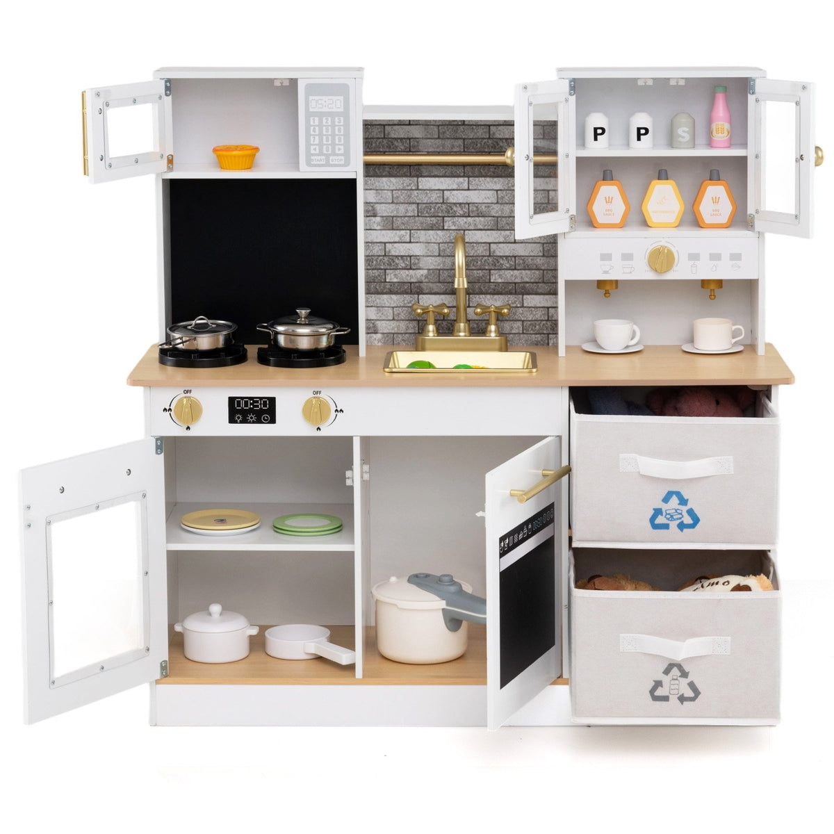 Kids Wooden Kitchen Playset with Stoves Sound Light for 3+ Years Old-White view 4