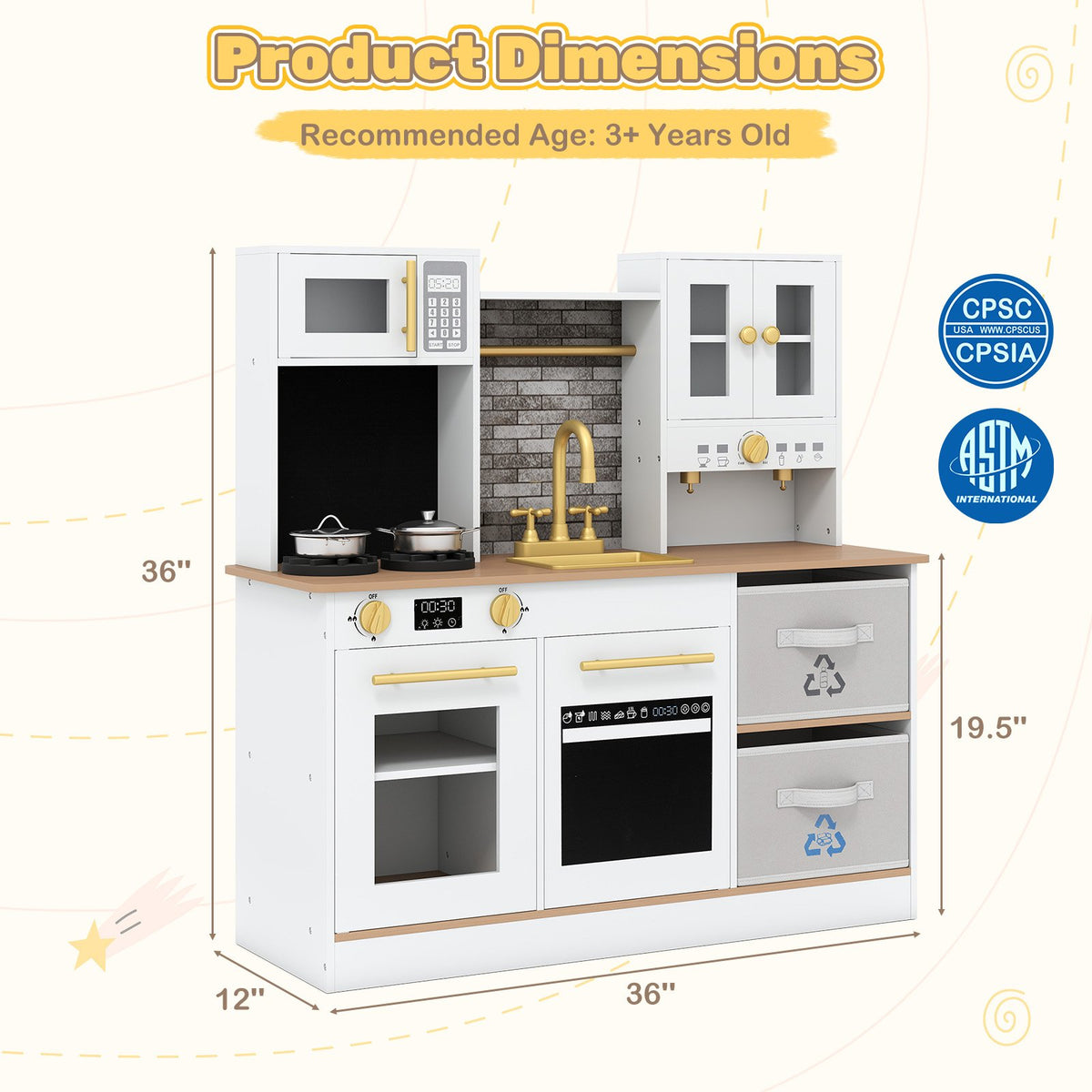 Kids Wooden Kitchen Playset with Stoves Sound Light for 3+ Years Old-White view 5