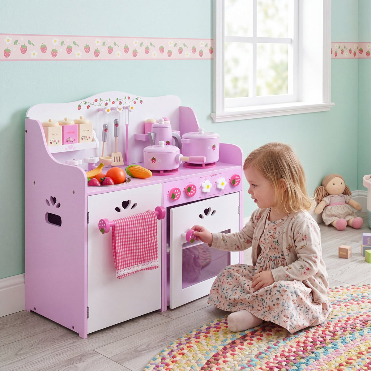 Kids Wooden Kitchen Toy Strawberry Pretend Cooking Playset view 2