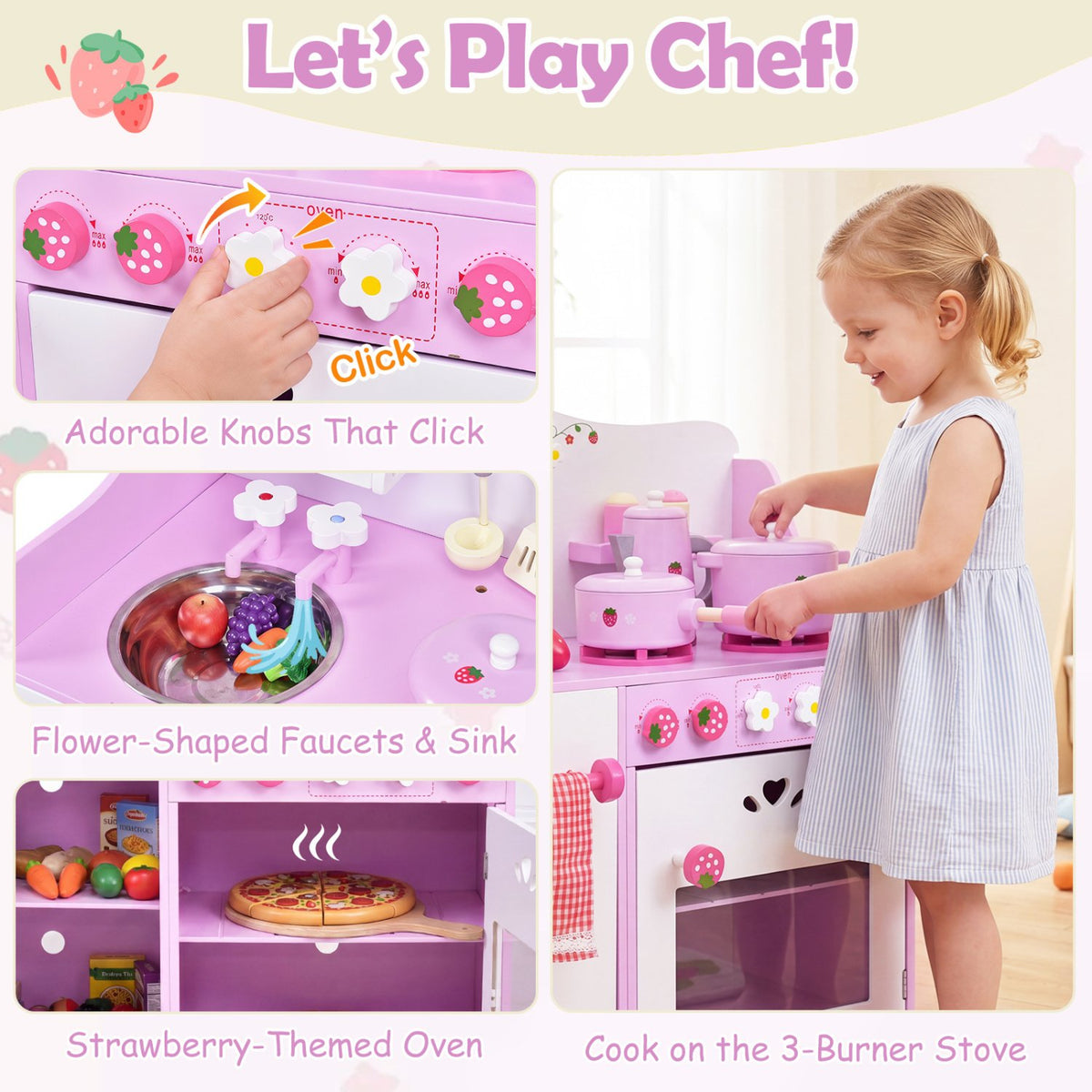 Kids Wooden Kitchen Toy Strawberry Pretend Cooking Playset view 7