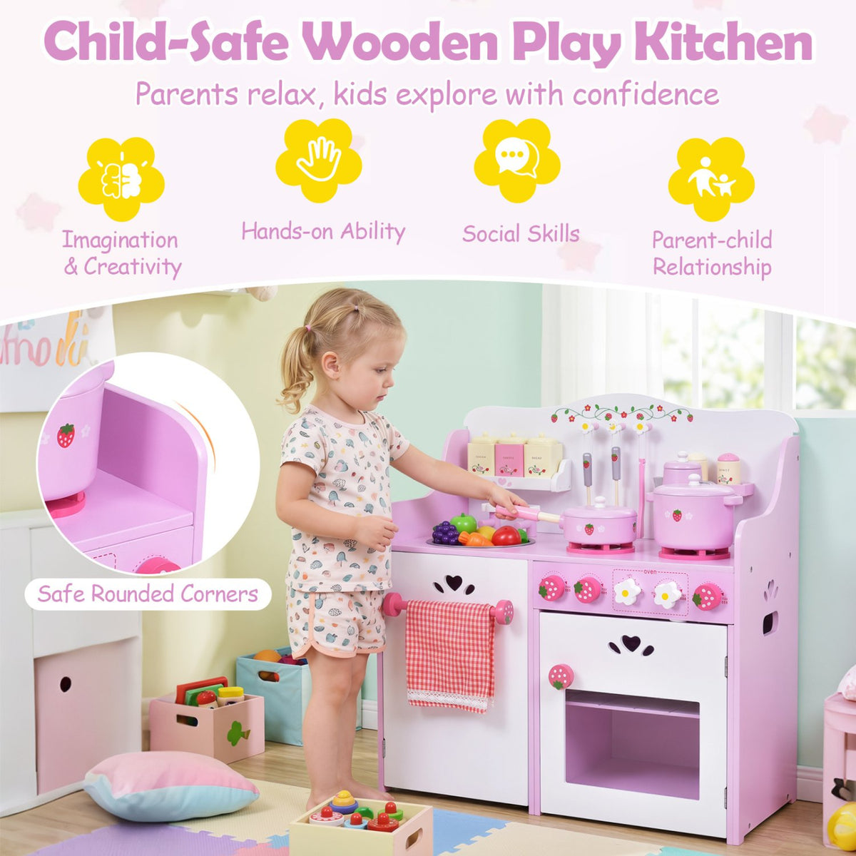 Kids Wooden Kitchen Toy Strawberry Pretend Cooking Playset view 9