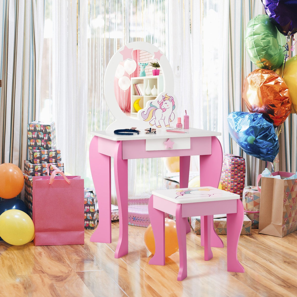 Kids Wooden Makeup Dressing Table and Chair Set with Mirror and Drawer-Pink view 2