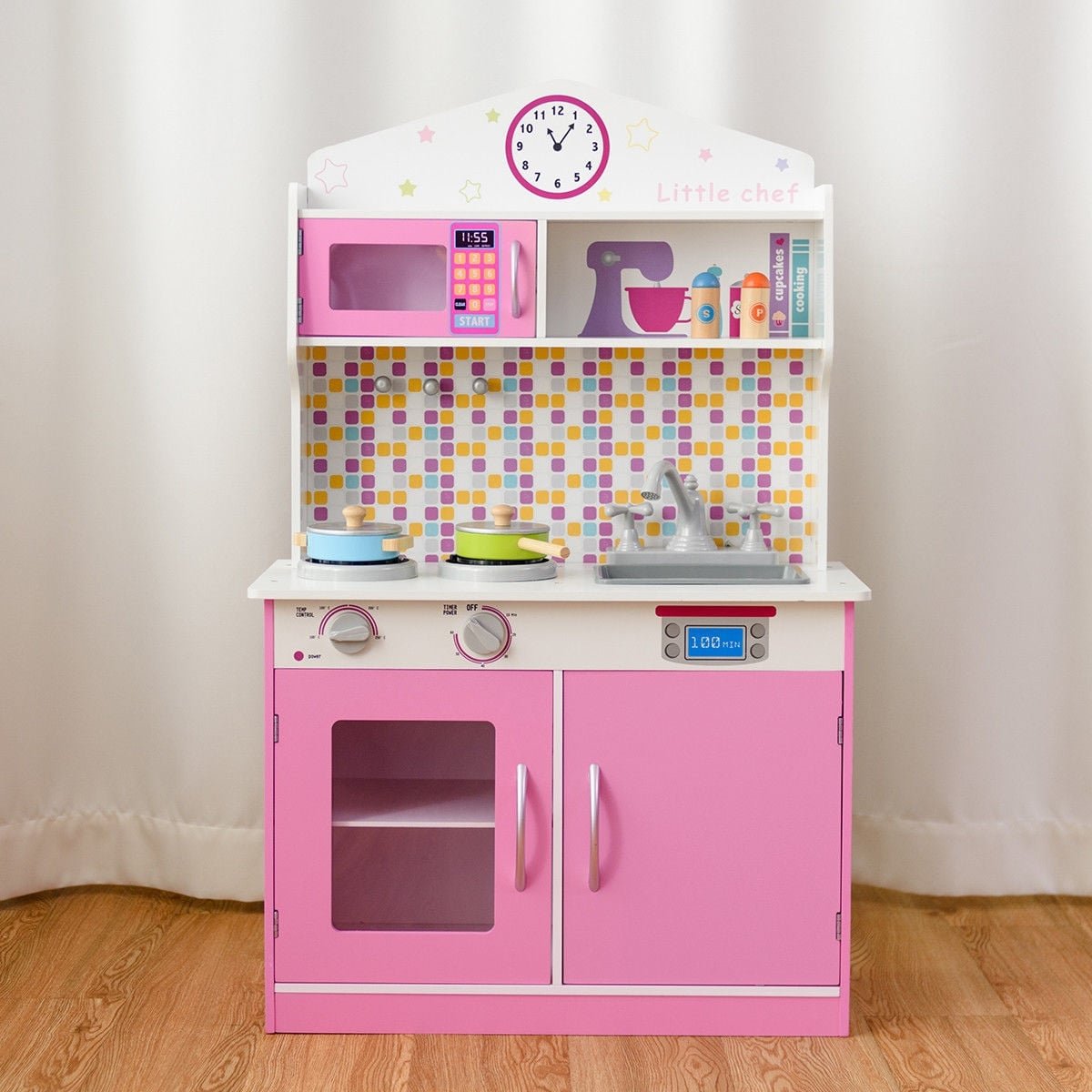 Kids Wooden Pretend Cooking Playset Cookware Play Set Kitchen Toys Toddler Gift-Pink view 2