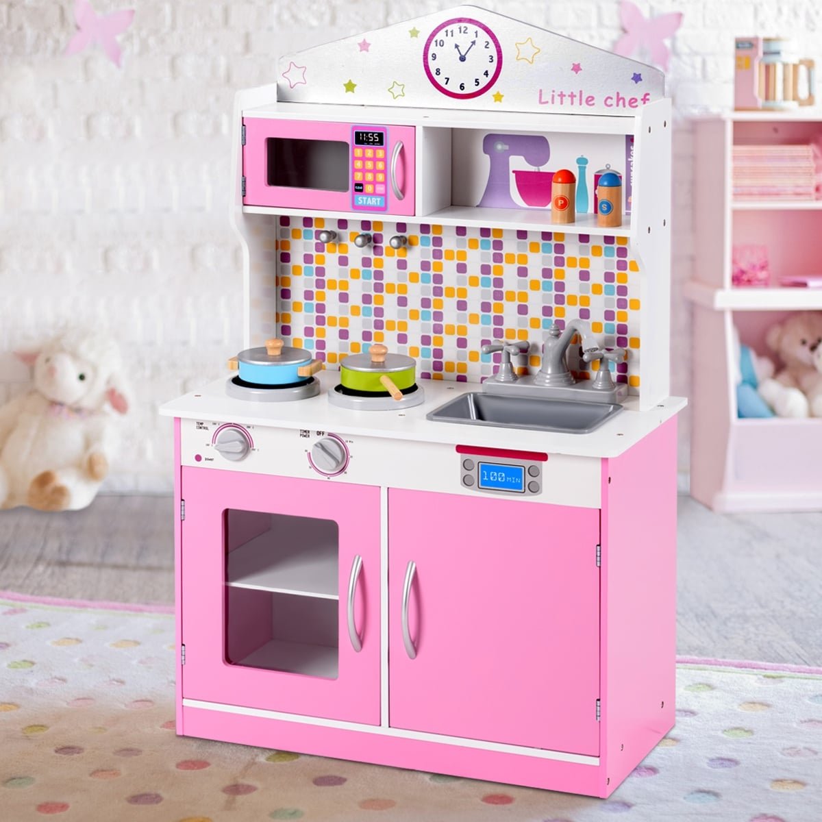 Kids Wooden Pretend Cooking Playset Cookware Play Set Kitchen Toys Toddler Gift-Pink view 3