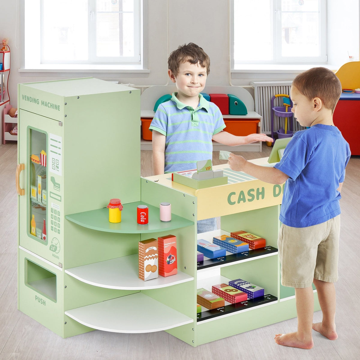 Kids Wooden Supermarket Play Toy Set with Checkout Counter-Green view 2