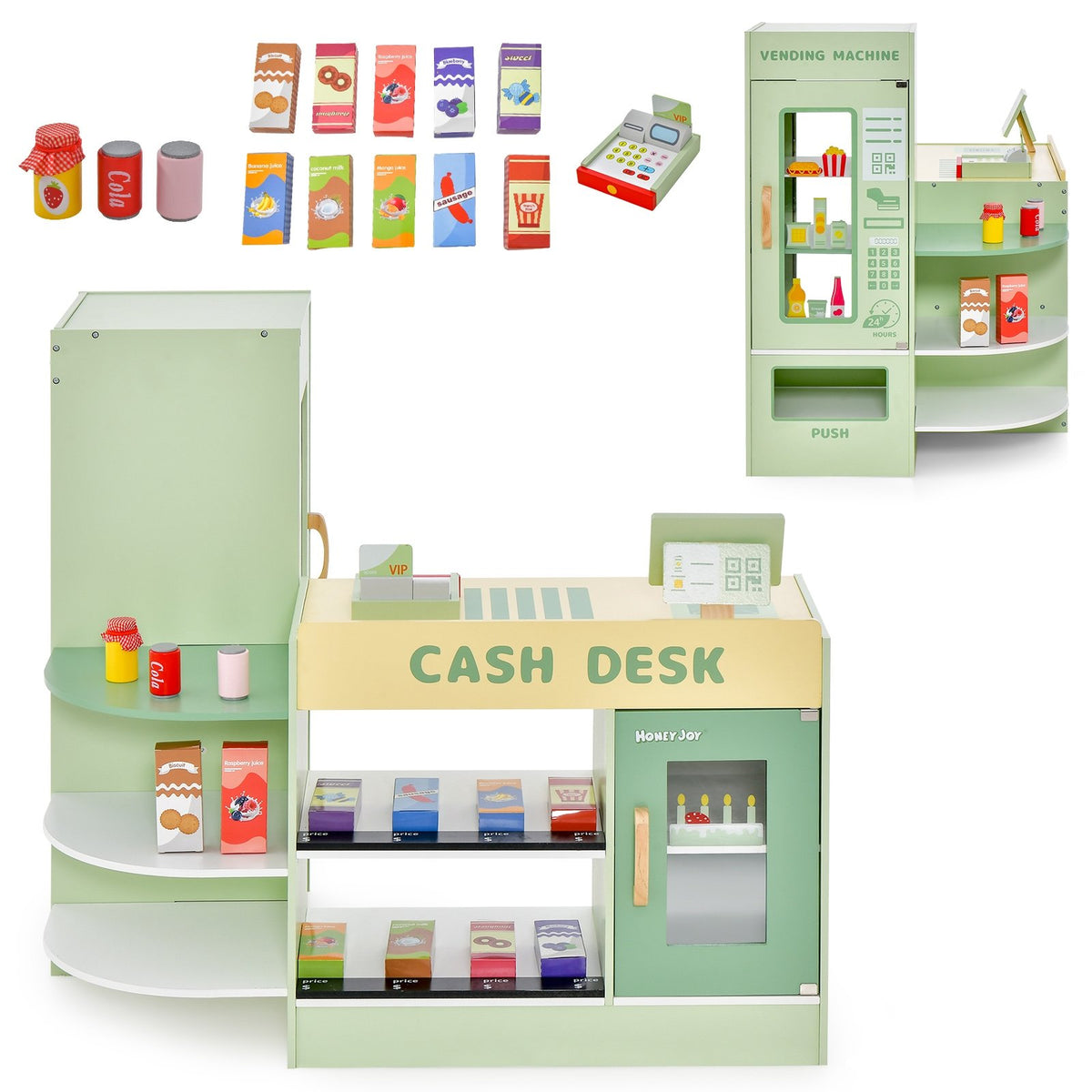 Kids Wooden Supermarket Play Toy Set with Checkout Counter-Green view 4