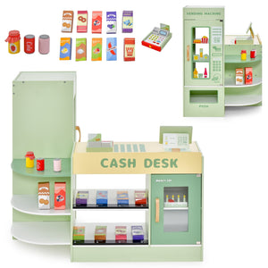 Kids Wooden Supermarket Play Toy Set with Checkout Counter-Green view 4