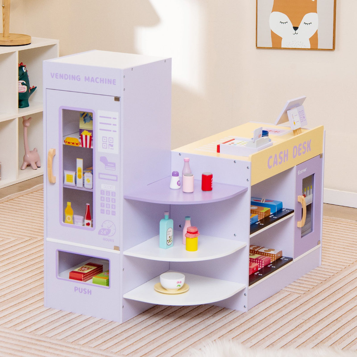 Kids Wooden Supermarket Play Toy Set with Checkout Counter-Purple view 2
