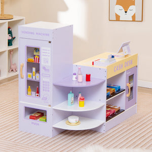 Kids Wooden Supermarket Play Toy Set with Checkout Counter-Purple view 2