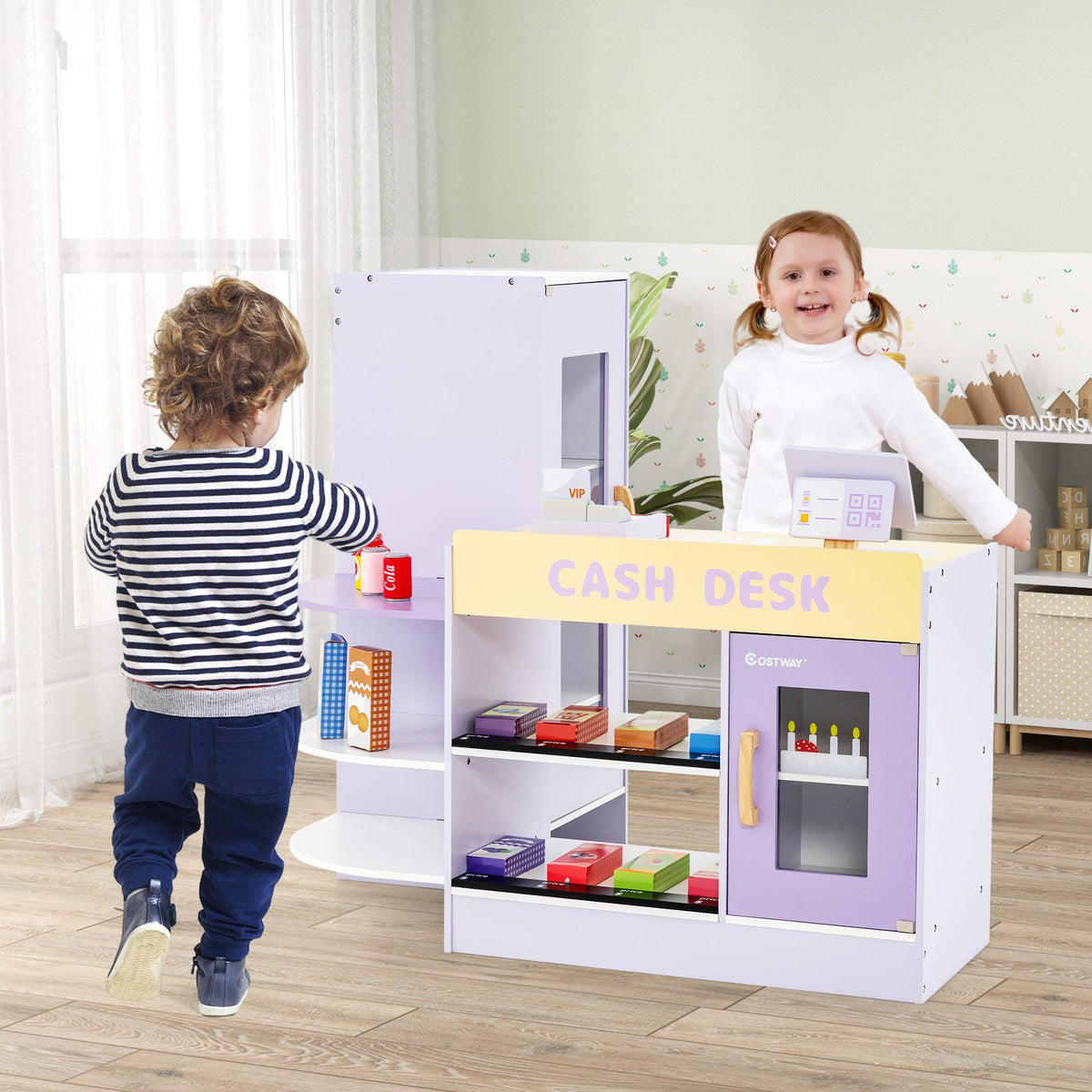 Kids Wooden Supermarket Play Toy Set with Checkout Counter-Purple view 3