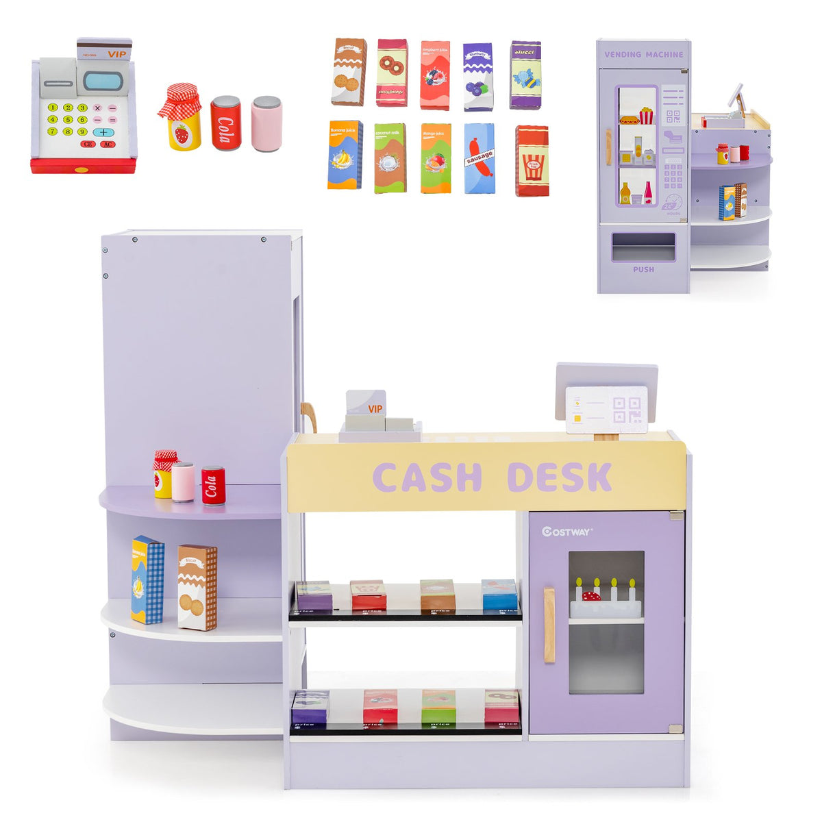 Kids Wooden Supermarket Play Toy Set with Checkout Counter-Purple view 4