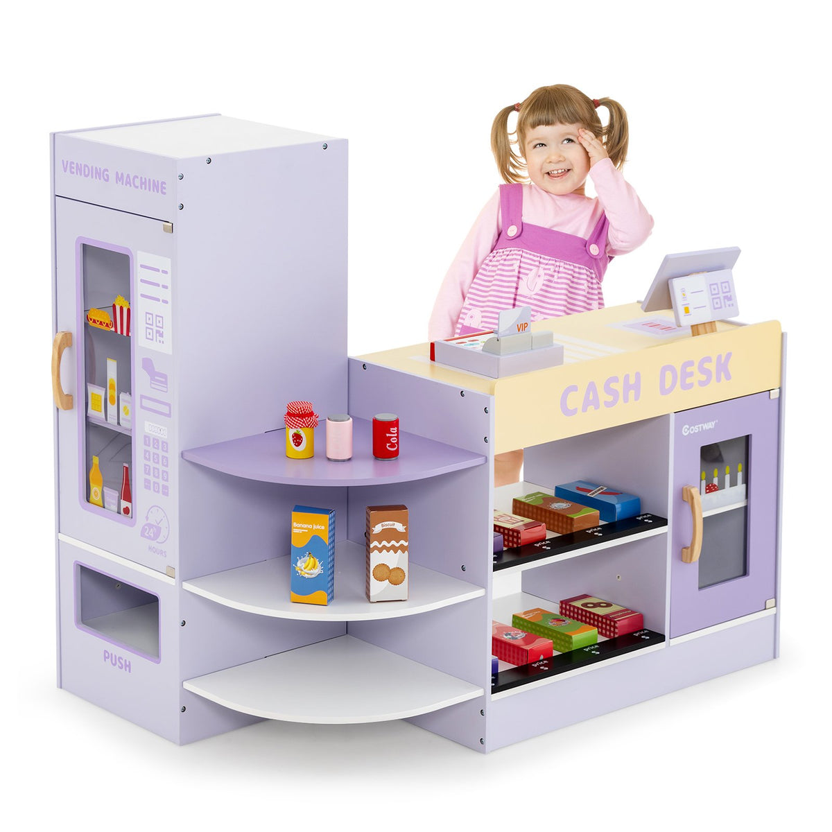 Kids Wooden Supermarket Play Toy Set with Checkout Counter-Purple view 6