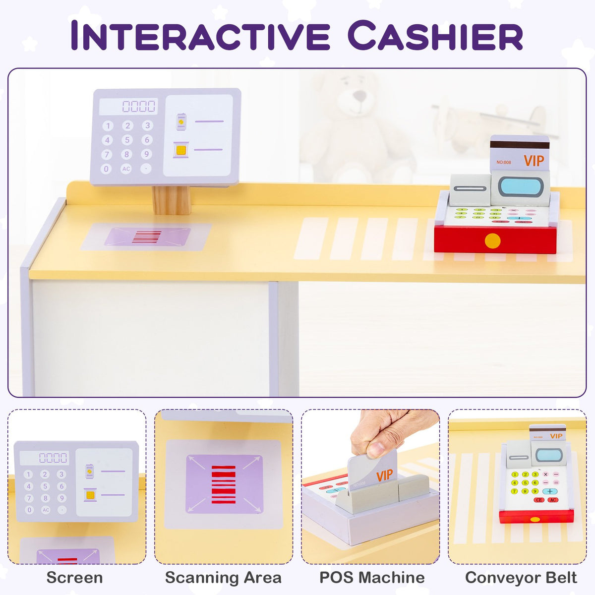 Kids Wooden Supermarket Play Toy Set with Checkout Counter-Purple view 7