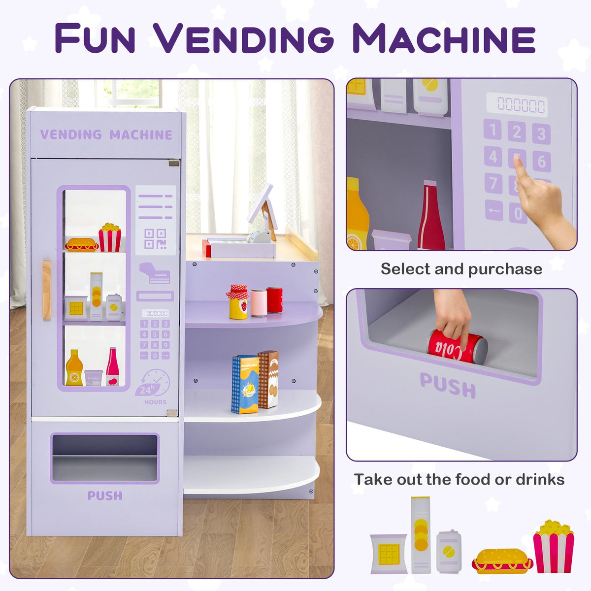 Kids Wooden Supermarket Play Toy Set with Checkout Counter-Purple view 8