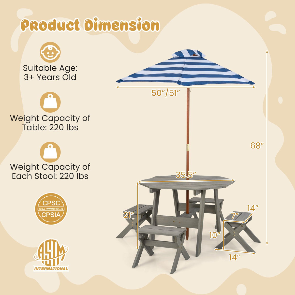 Kids Wooden Table Set for Children Aged 3+ Years-Gray view 4
