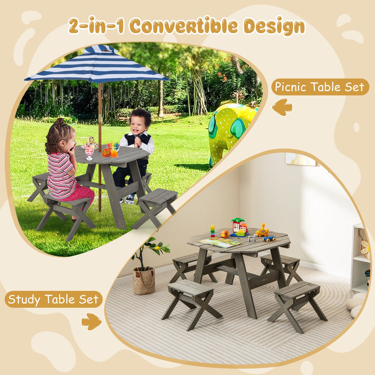 Kids Wooden Table Set for Children Aged 3+ Years-Gray view 5
