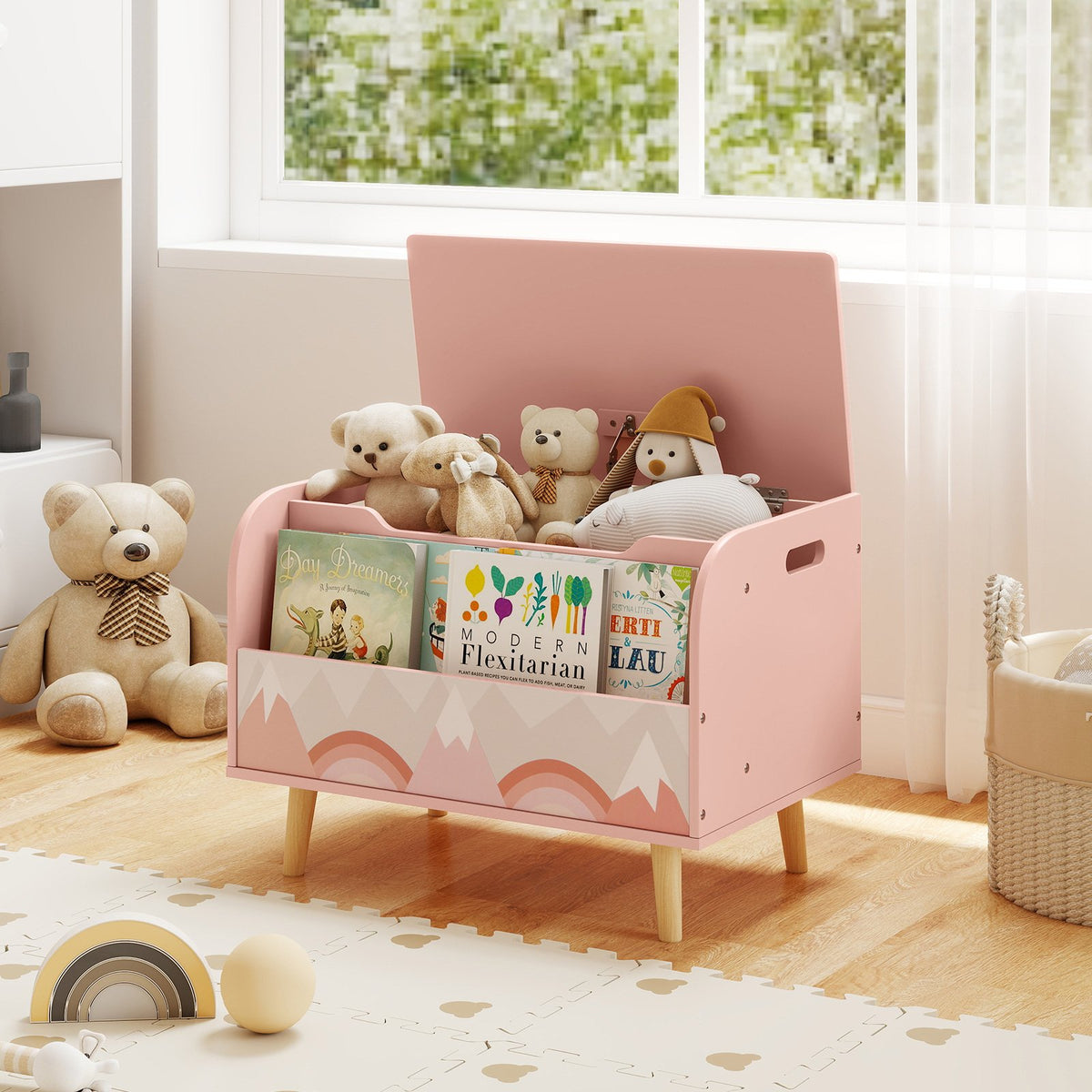 Kids Wooden Toy Box with Front Bookshelf and 4 Solid Wood Legs for Playroom-Pink view 2