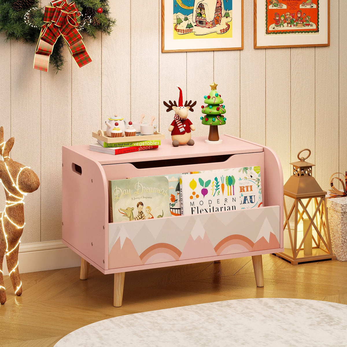 Kids Wooden Toy Box with Front Bookshelf and 4 Solid Wood Legs for Playroom-Pink view 3