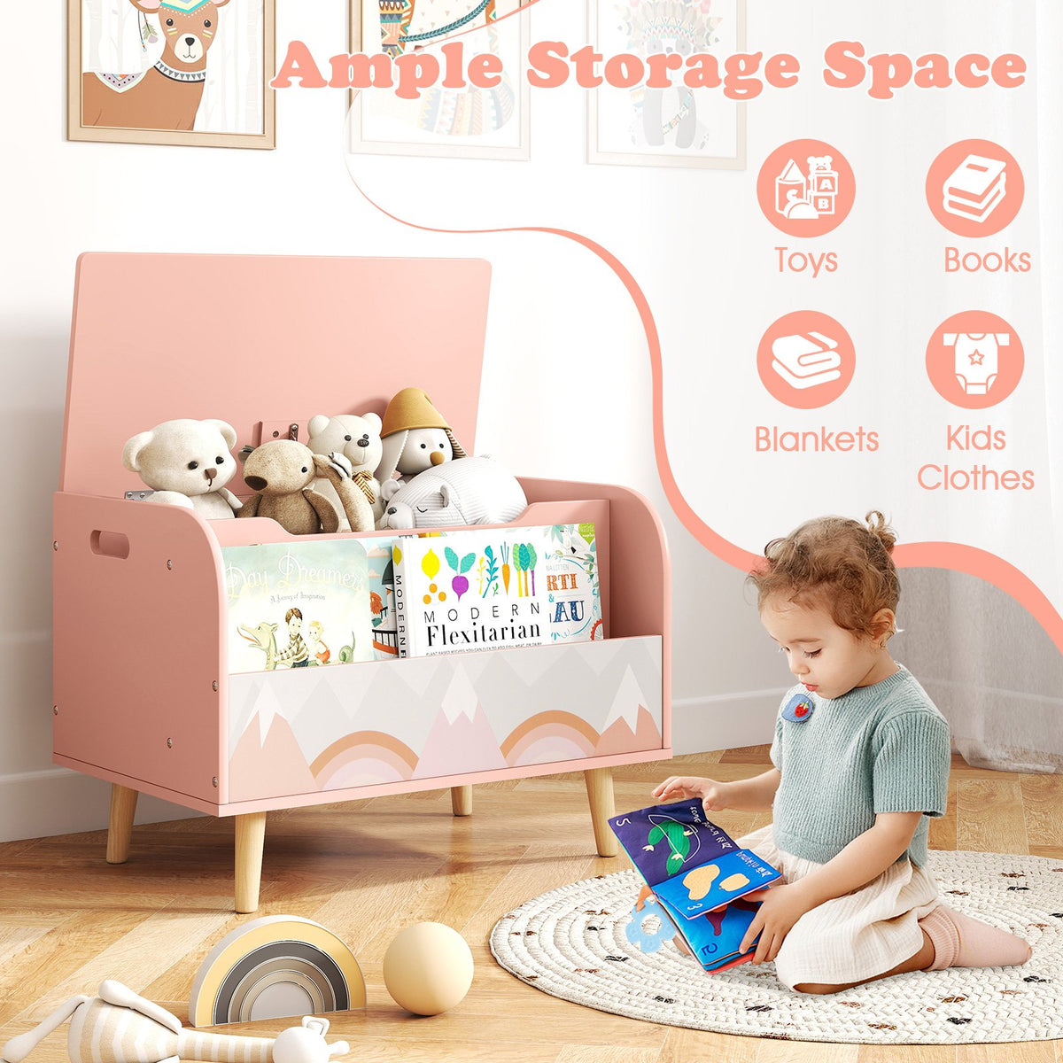 Kids Wooden Toy Box with Front Bookshelf and 4 Solid Wood Legs for Playroom-Pink view 6
