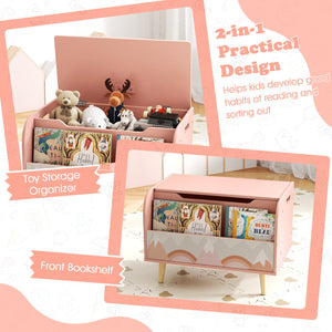 Kids Wooden Toy Box with Front Bookshelf and 4 Solid Wood Legs for Playroom-Pink view 7