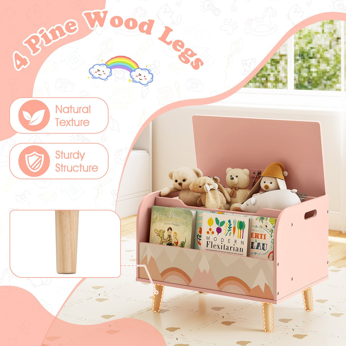 Kids Wooden Toy Box with Front Bookshelf and 4 Solid Wood Legs for Playroom-Pink view 8