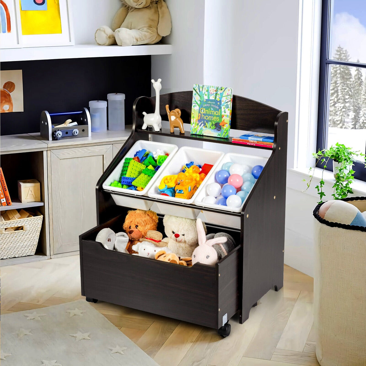 Kids Wooden Toy Storage Unit Organizer with Rolling Toy Box and Plastic Bins-Espresso view 2