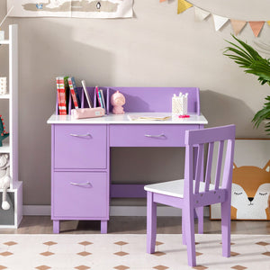Kids Wooden Writing Furniture Set with Drawer and Storage Cabinet-Purple view 2