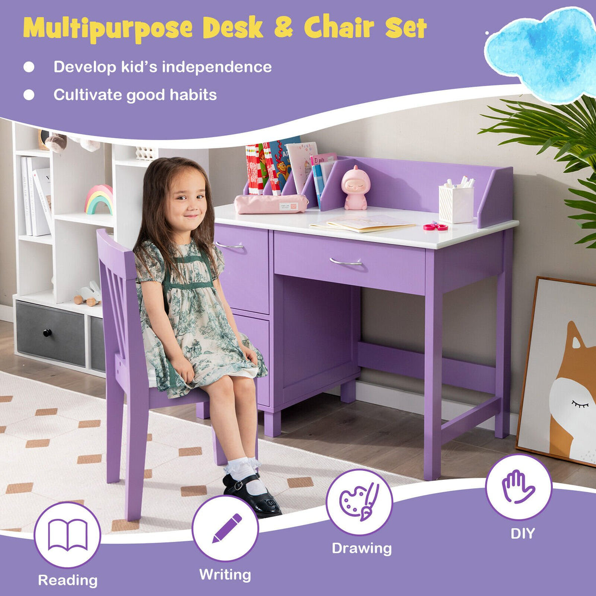 Kids Wooden Writing Furniture Set with Drawer and Storage Cabinet-Purple view 3