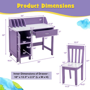 Kids Wooden Writing Furniture Set with Drawer and Storage Cabinet-Purple view 4